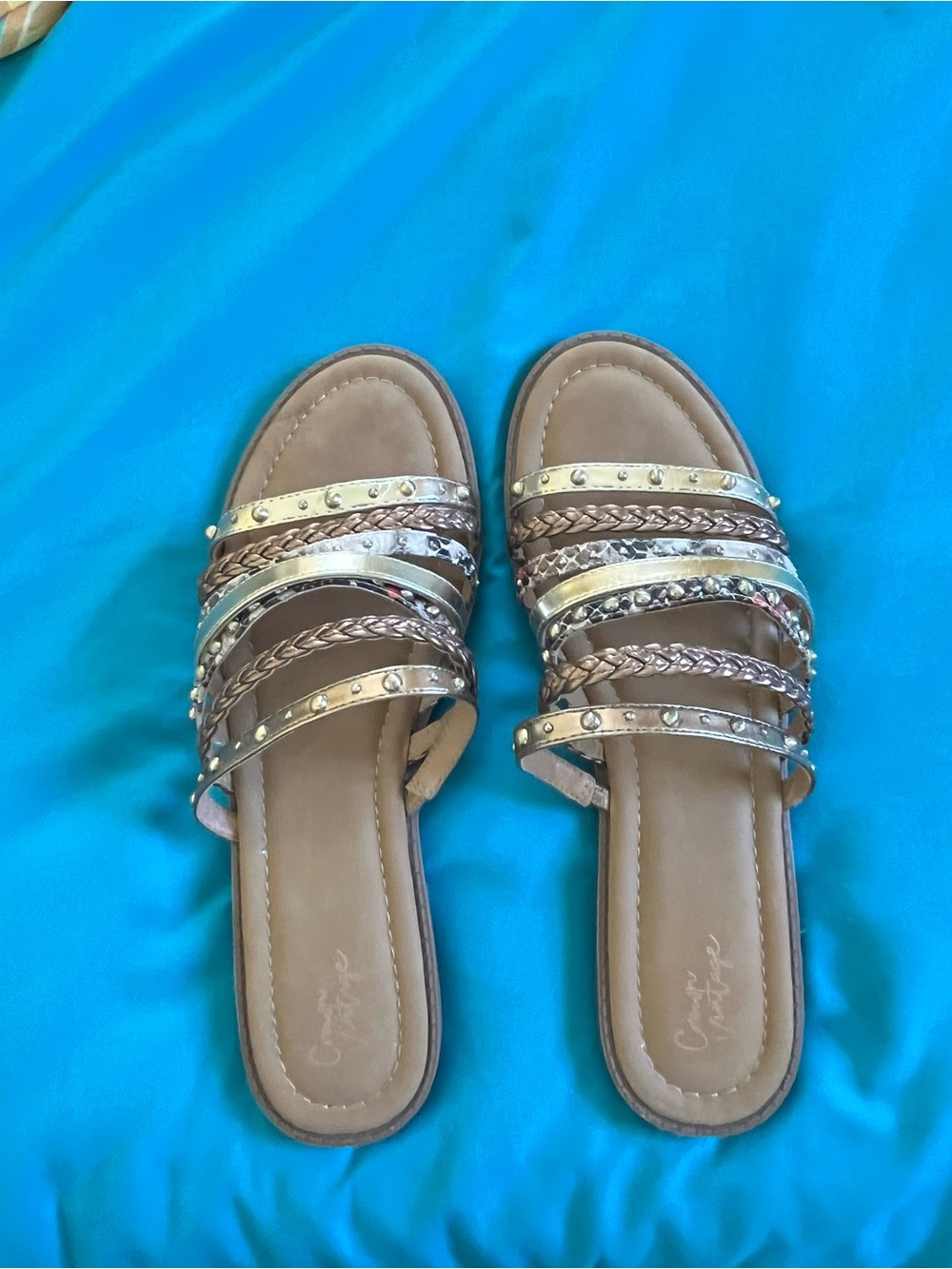 Women's Tan Braided Metallic-Accent Slide Sandals